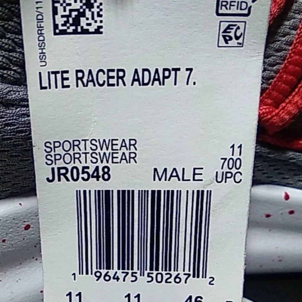 Adidas Lite Racer Adapt 7.0 Running Shoes Men’s Sz 11.5 Gray Red JR0548